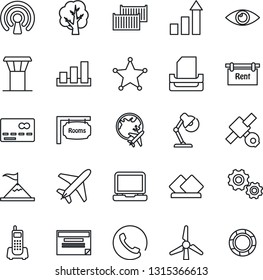 Thin Line Icon Set - plane vector, airport tower, credit card, globe, growth statistic, tree, eye, satellite, office phone, cargo container, sorting, laptop pc, desk lamp, paper tray, windmill, rent
