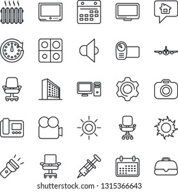 Thin Line Icon Set - plane vector, office building, sun, syringe, camera, speaker, tv, video, monitor, settings, calendar, torch, application, chair, heater, intercome, pc, home message, clock, case