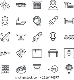 Thin Line Icon Set - plane vector, airport tower, suitcase, bus, train, baggage larry, boarding, seat map, flight table, globe, building, route, pin, sea shipping, place tag, bedroom, rocket, paper