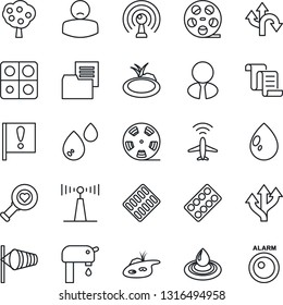 Thin Line Icon Set - plane radar vector, wind, contract, water drop, pond, heart diagnostic, pills blister, patient, route, important flag, folder document, reel, antenna, application, supply