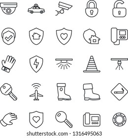 Thin Line Icon Set - plane radar vector, smoking place, alarm car, border cone, glove, boot, heart shield, protect, lock, key, intercome, home, surveillance, sprinkler, crisis management
