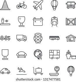 Thin Line Icon Set - plane vector, arrival, baggage trolley, airport bus, train, escalator, waiting area, larry, border cone, globe, bike, traffic light, car delivery, sea port, container, fragile