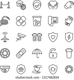 Thin Line Icon Set - plane radar vector, fence, trash bin, glove, hose, patch, heart shield, hand, umbrella, protect, lock, estate insurance, intercome, water filter, home, surveillance