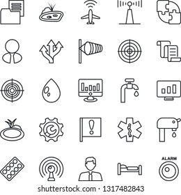 Thin Line Icon Set - plane radar vector, bed, wind, contract, statistic monitor, water drop, pond, pills blister, ambulance star, route, important flag, folder document, antenna, application, target