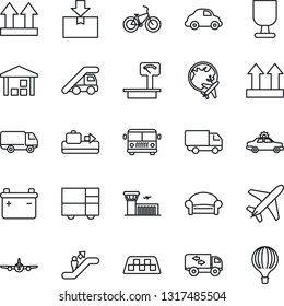Thin Line Icon Set - plane vector, taxi, baggage conveyor, airport bus, escalator, waiting area, alarm car, ladder, globe, building, bike, delivery, consolidated cargo, fragile, up side sign, moving