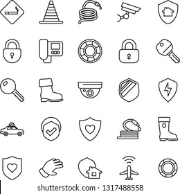 Thin Line Icon Set - plane radar vector, smoking place, alarm car, border cone, lock, glove, boot, hose, heart shield, protect, key, intercome, home, surveillance, crisis management