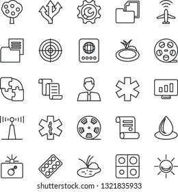 Thin Line Icon Set - plane radar vector, bomb in case, passport, contract, statistic monitor, water drop, pond, pills blister, ambulance star, route, folder document, reel, antenna, application