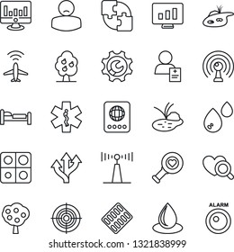 Thin Line Icon Set - plane radar vector, passport, bed, statistic monitor, water drop, pond, heart diagnostic, pills blister, ambulance star, patient, route, antenna, application, root setup, target