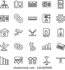 Thin Line Icon Set - plane radar vector, identity card, sorting, barcode, chain, root setup, air conditioner, smart home, irrigation, water heater, intercome, control app, filter, warm floor