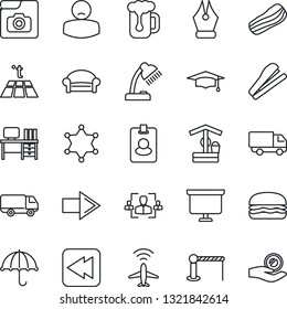 Thin Line Icon Set - plane radar vector, barrier, waiting area, right arrow, graduate, desk, presentation board, well, patient, car delivery, umbrella, rewind, photo gallery, hr, ink pen, lamp, beer