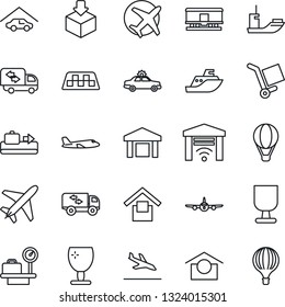 Thin Line Icon Set - plane vector, taxi, arrival, baggage conveyor, alarm car, luggage scales, sea shipping, fragile, cargo, warehouse storage, package, railroad, garage, moving, gate control