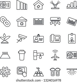 Thin Line Icon Set - plane radar vector, identity card, drip irrigation, sorting, barcode, chain, root setup, air conditioner, smart home, intercome, control app, water filter, warm floor, sprinkler