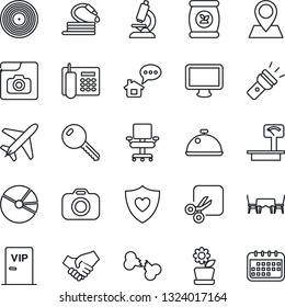 Thin Line Icon Set - Plane Vector, Hose, Fertilizer, Microscope, Heart Shield, Broken Bone, Pin, Heavy Scales, Vinyl, Camera, Monitor, Torch, Cut, Photo Gallery, Pie Graph, Office Phone, Chair, Key