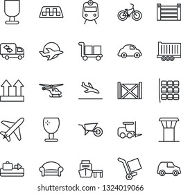 Thin Line Icon Set - plane vector, airport tower, taxi, arrival, baggage conveyor, train, waiting area, fork loader, helicopter, seat map, wheelbarrow, bike, truck trailer, car delivery, sea port