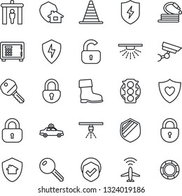 Thin Line Icon Set - plane radar vector, security gate, alarm car, border cone, safe, lock, boot, hose, heart shield, traffic light, protect, key, home, surveillance, sprinkler, crisis management