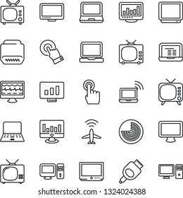 Thin Line Icon Set - plane radar vector, wireless notebook, pc, statistic monitor, pulse, tv, touch screen, laptop, hdmi, statistics