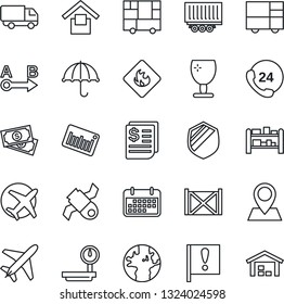 Thin Line Icon Set - plane vector, earth, pin, important flag, satellite, cash, 24 hours, truck trailer, car delivery, term, receipt, container, consolidated cargo, fragile, umbrella, shield, route