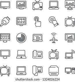 Thin Line Icon Set - plane radar vector, wireless notebook, pc, statistic monitor, pulse, tv, touch screen, laptop, hdmi, statistics, intercome