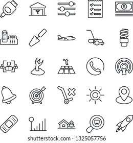 Thin Line Icon Set - plane vector, trowel, sproute, lawn mower, sun, patch, pin, cash, no trolley, search cargo, hdmi, tuning, bell, cellular signal, hr, office phone, checklist, house with tree