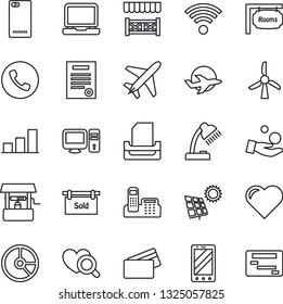 Thin Line Icon Set - plane vector, phone, mobile, circle chart, well, heart, diagnostic, laptop pc, back, bar graph, office, desk lamp, paper tray, contract, sun panel, rooms, sold signboard, alcove