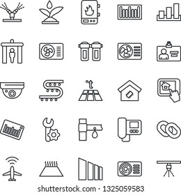 Thin Line Icon Set - plane radar vector, security gate, identity card, drip irrigation, sorting, barcode, chain, root setup, air conditioner, smart home, water heater, intercome, control app, filter