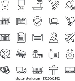 Thin Line Icon Set - plane vector, baggage trolley, signpost, pin, railroad, satellite, cash, office phone, cargo container, car delivery, sea port, clipboard, fragile, no, shield, heavy, scales