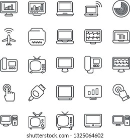 Thin Line Icon Set - plane radar vector, wireless notebook, pc, statistic monitor, pulse, tv, touch screen, laptop, hdmi, statistics, intercome