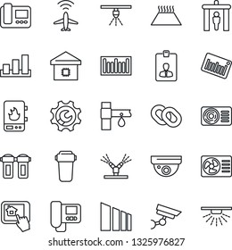 Thin Line Icon Set - plane radar vector, security gate, identity card, drip irrigation, sorting, barcode, chain, root setup, air conditioner, smart home, water heater, intercome, control app, filter