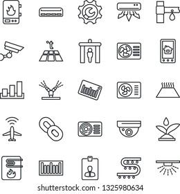 Thin Line Icon Set - plane radar vector, security gate, identity card, drip irrigation, sorting, barcode, chain, root setup, air conditioner, water heater, home control app, warm floor, surveillance