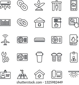 Thin Line Icon Set - plane radar vector, security gate, identity card, barcode, chain, root setup, air conditioner, smart home, irrigation, water heater, intercome, control app, filter, warm floor