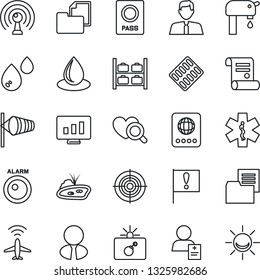 Thin Line Icon Set - plane radar vector, bomb in case, passport, wind, luggage storage, statistic monitor, contract, water drop, heart diagnostic, pills blister, ambulance star, patient, antenna