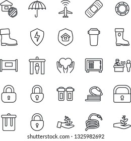 Thin Line Icon Set - plane radar vector, fence, passport control, security gate, trash bin, safe, lock, boot, hose, patch, heart hand, umbrella, protect, estate insurance, water filter, palm sproute