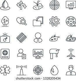 Thin Line Icon Set - plane radar vector, bomb in case, passport, statistic monitor, water drop, pond, heart diagnostic, pills blister, ambulance star, patient, route, folder document, reel, antenna