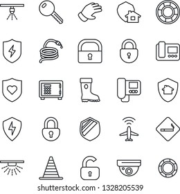 Thin Line Icon Set - plane radar vector, smoking place, border cone, safe, lock, glove, boot, hose, heart shield, protect, key, intercome, home, surveillance, sprinkler, crisis management