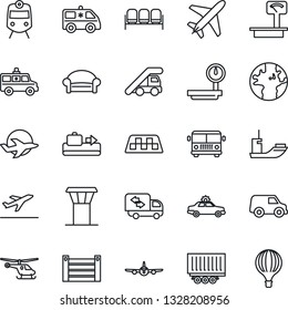 Thin Line Icon Set - plane vector, airport tower, taxi, departure, baggage conveyor, bus, train, waiting area, alarm car, ladder, helicopter, ambulance, earth, sea shipping, truck trailer, container