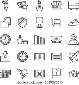 Thin Line Icon Set - plane vector, baggage trolley, railroad, important flag, store, cash, office phone, support, sea shipping, cargo container, clock, port, consolidated, folder document, fragile
