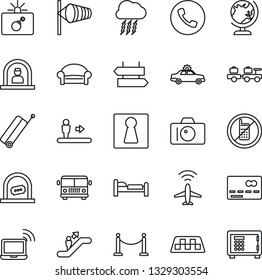 Thin Line Icon Set - plane radar vector, fence, taxi, suitcase, airport bus, escalator, phone, no mobile, signpost, female, waiting area, credit card, alarm car, bomb in case, wireless notebook, bed