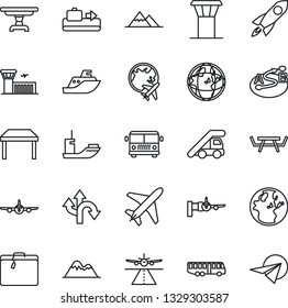 Thin Line Icon Set - plane vector, airport tower, runway, suitcase, baggage conveyor, bus, ladder car, boarding, globe, building, picnic table, route, sea shipping, mountains, rocket, earth, paper