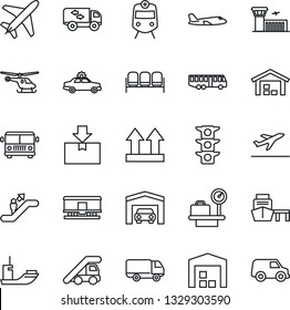 Thin Line Icon Set - plane vector, departure, airport bus, train, escalator, waiting area, alarm car, ladder, helicopter, luggage scales, building, traffic light, sea shipping, delivery, port
