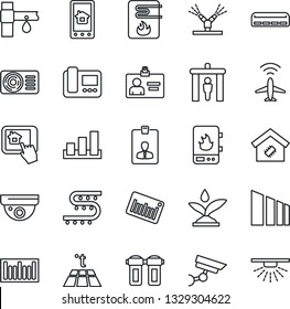 Thin Line Icon Set - plane radar vector, security gate, identity card, drip irrigation, sorting, barcode, air conditioner, smart home, water heater, intercome, control app, filter, warm floor