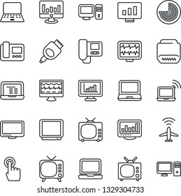 Thin Line Icon Set - plane radar vector, wireless notebook, pc, statistic monitor, pulse, tv, touch screen, laptop, hdmi, statistics, intercome