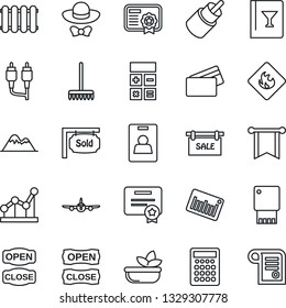 Thin Line Icon Set - plane vector, calculator, rake, flammable, barcode, rca, identity card, point graph, mountains, sale, sold signboard, wine, salad, dress code, open close, credit, radiator
