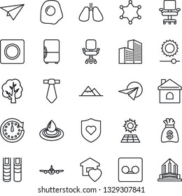 Thin Line Icon Set - plane vector, money bag, tree, house, heart shield, lungs, record, brightness, office building, chair, book, sun panel, mountains, sweet home, omelette, water, police, fridge