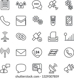 Thin Line Icon Set - plane radar vector, antenna, phone, mobile, speaking man, mail, team, satellite, 24 hours, clipboard, remote control, dialog, chain, call, message, cellular signal, paper tray