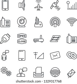 Thin Line Icon Set - plane radar vector, mobile phone, speaking man, office, satellite, speaker, cell, radio, chain, hdmi, wireless, cellular signal, paper tray, open close, router, web camera, gear