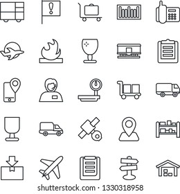 Thin Line Icon Set - plane vector, baggage trolley, signpost, navigation, important flag, satellite, office phone, support, mobile tracking, car delivery, consolidated cargo, clipboard, fragile