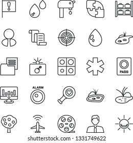 Thin Line Icon Set - plane radar vector, bomb in case, passport, luggage storage, contract, statistic monitor, water drop, pond, heart diagnostic, ambulance star, important flag, folder document