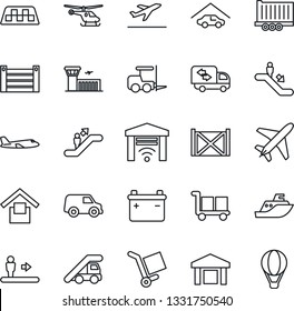 Thin Line Icon Set - plane vector, taxi, departure, escalator, fork loader, ladder car, helicopter, airport building, sea shipping, truck trailer, container, cargo, warehouse storage, garage, moving