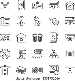 Thin Line Icon Set - plane radar vector, security gate, identity card, drip irrigation, barcode, chain, root setup, air conditioner, smart home, water heater, intercome, control app, filter