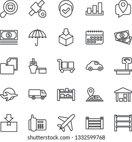 Thin Line Icon Set - plane vector, navigation, satellite, cash, office phone, mobile tracking, car delivery, term, sea port, container, folder document, cargo, umbrella, warehouse, package, sorting
